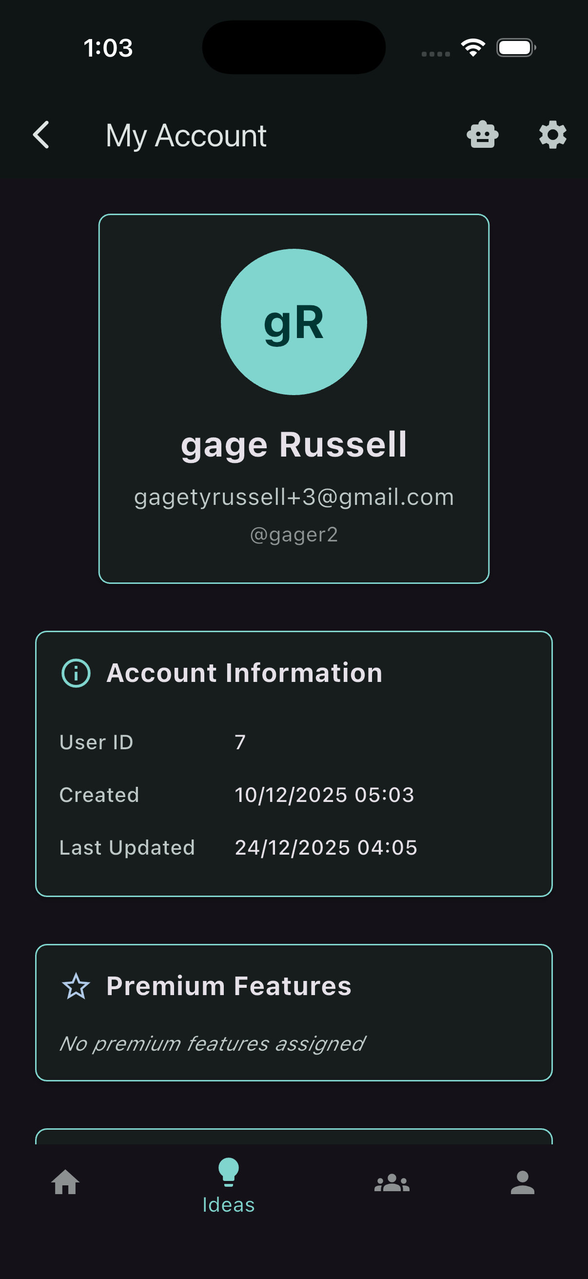 Account screen