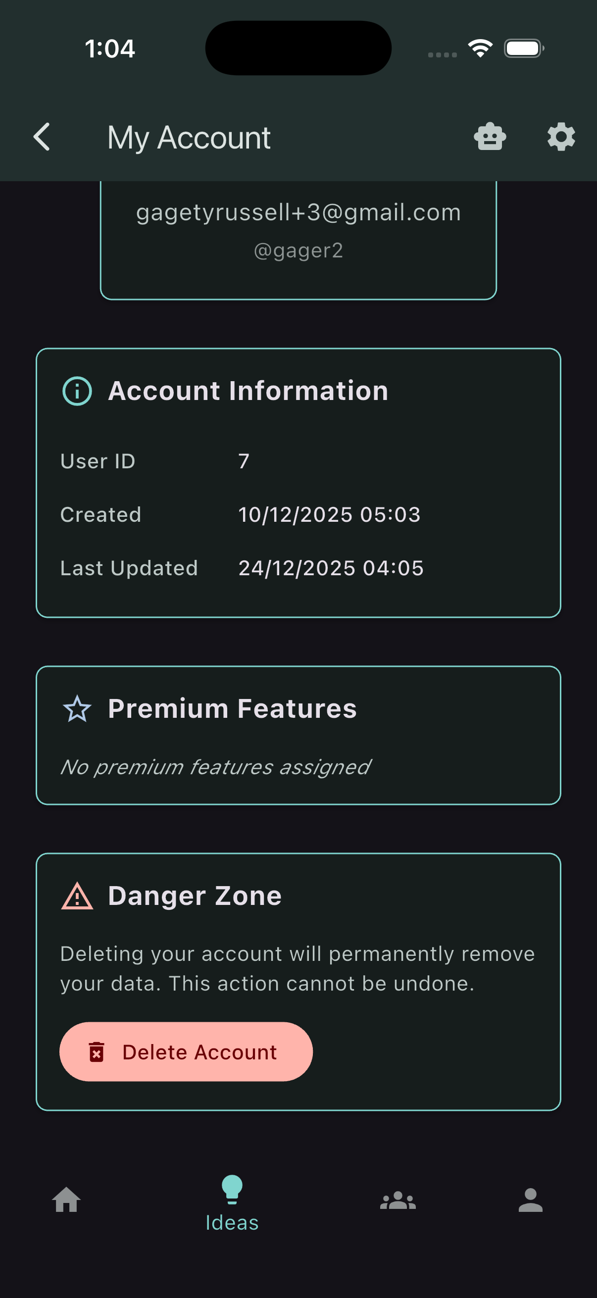 Delete account option in the Account screen