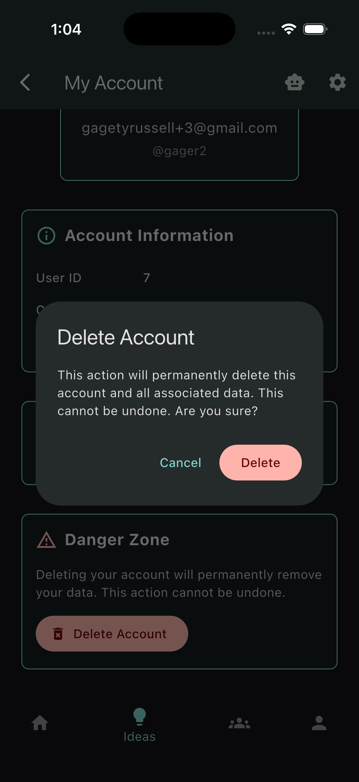 Confirmation dialog for deleting your account