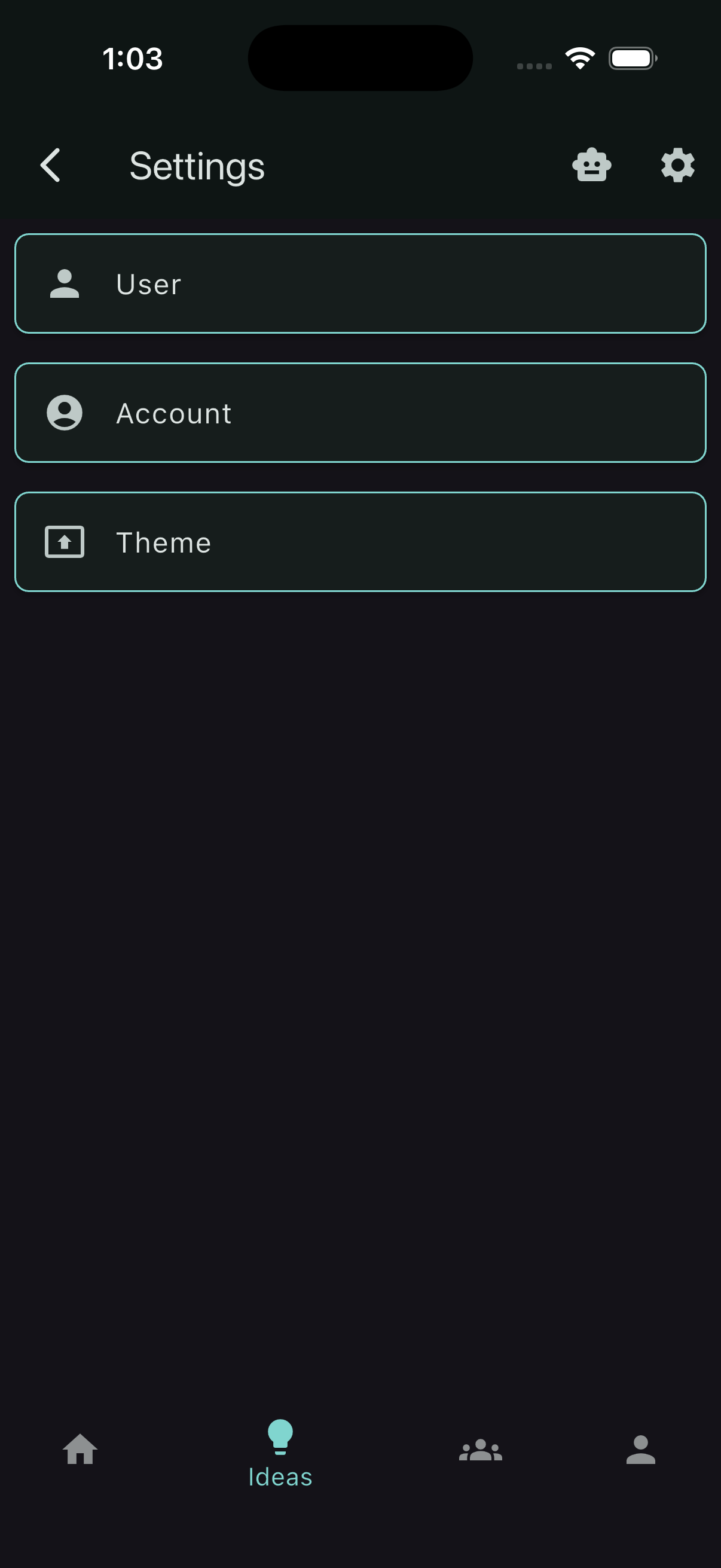 Settings screen with Account tile