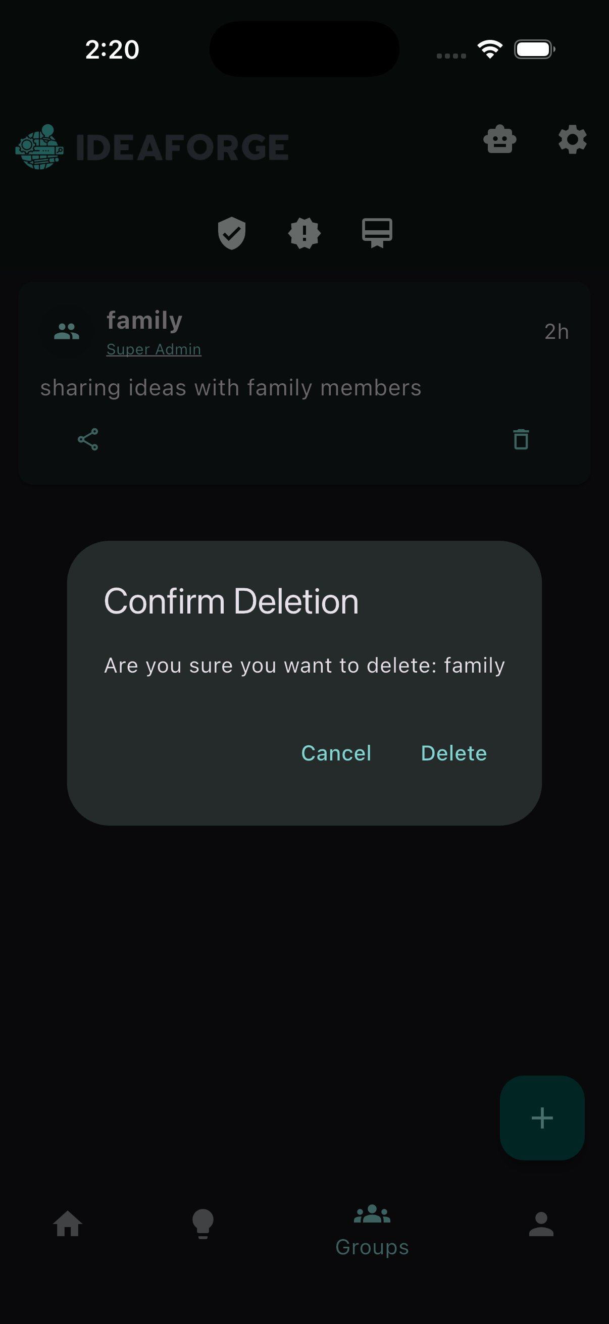 Trash icon on a group card