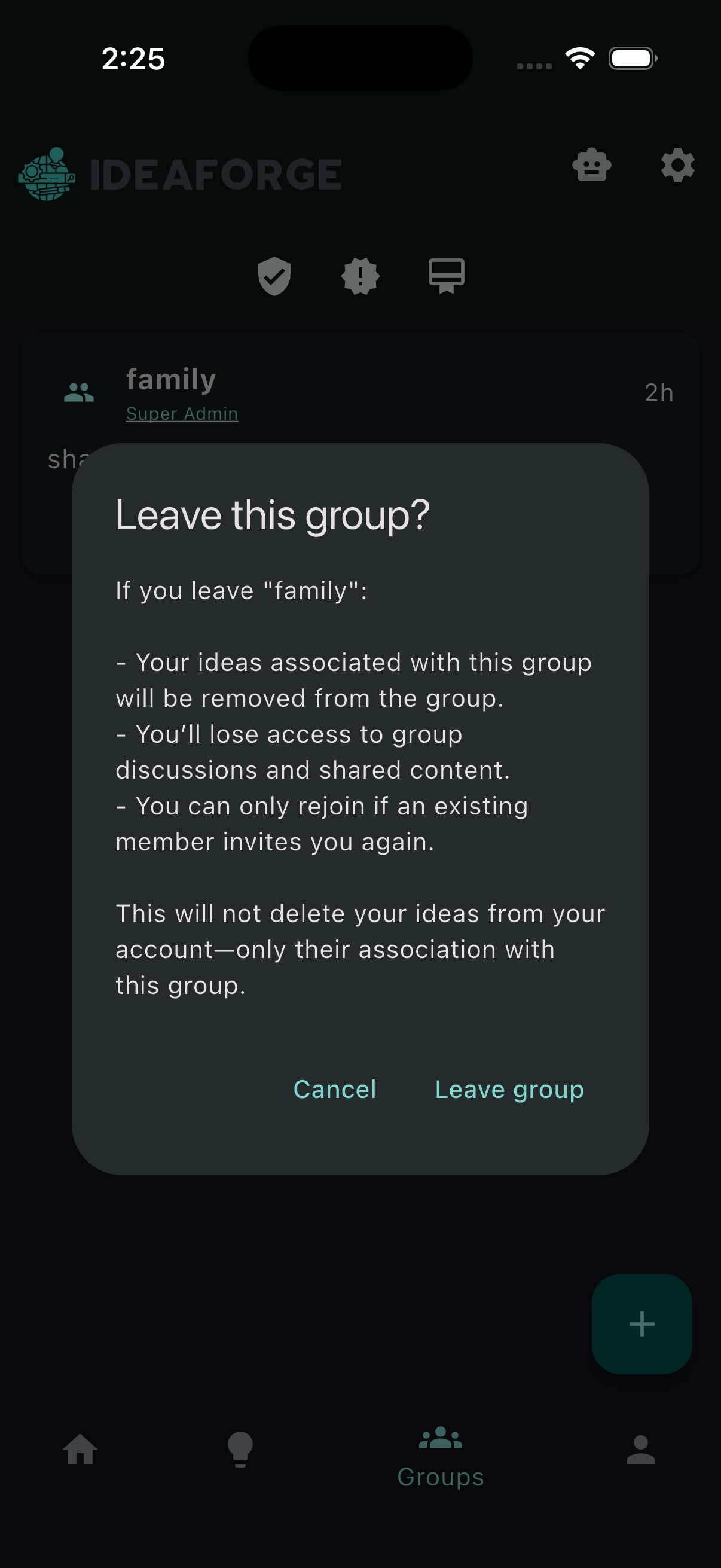 Exit icon on a group card