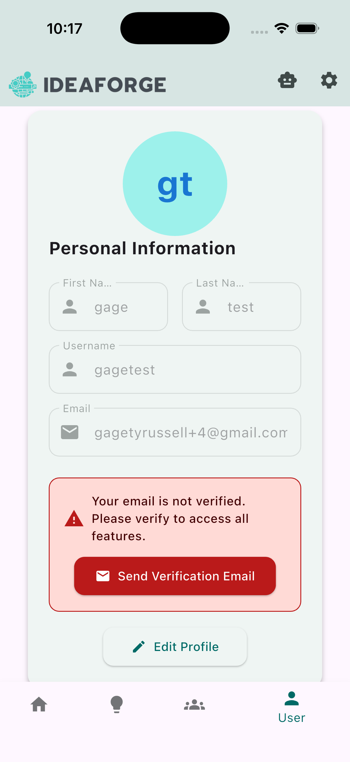 User tab showing missing email verification state