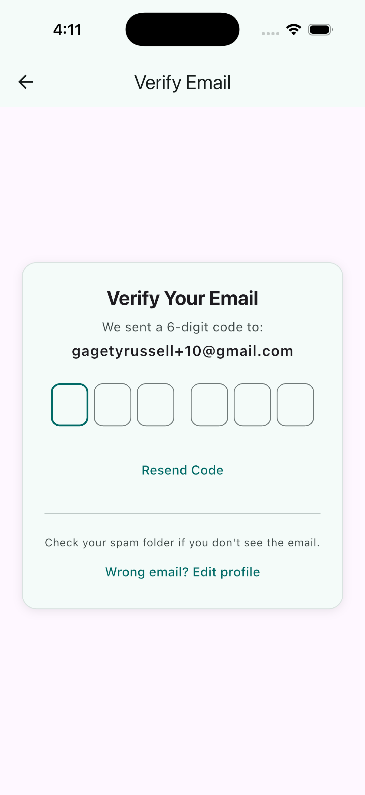 Email verification code entry screen
