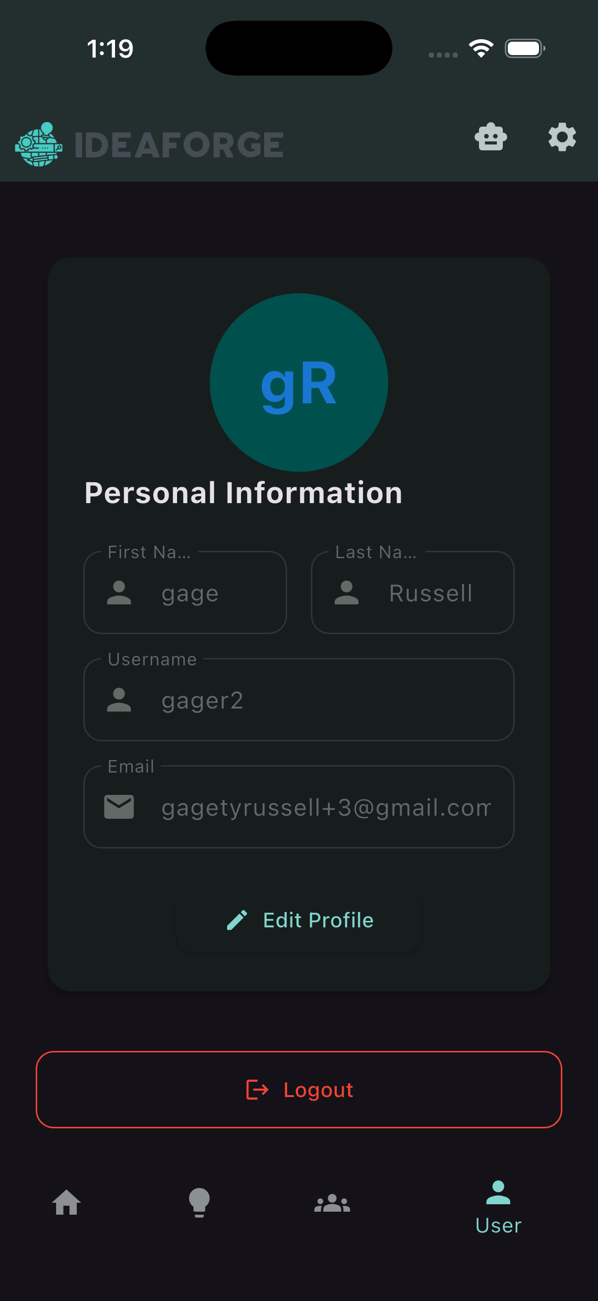 User profile screen